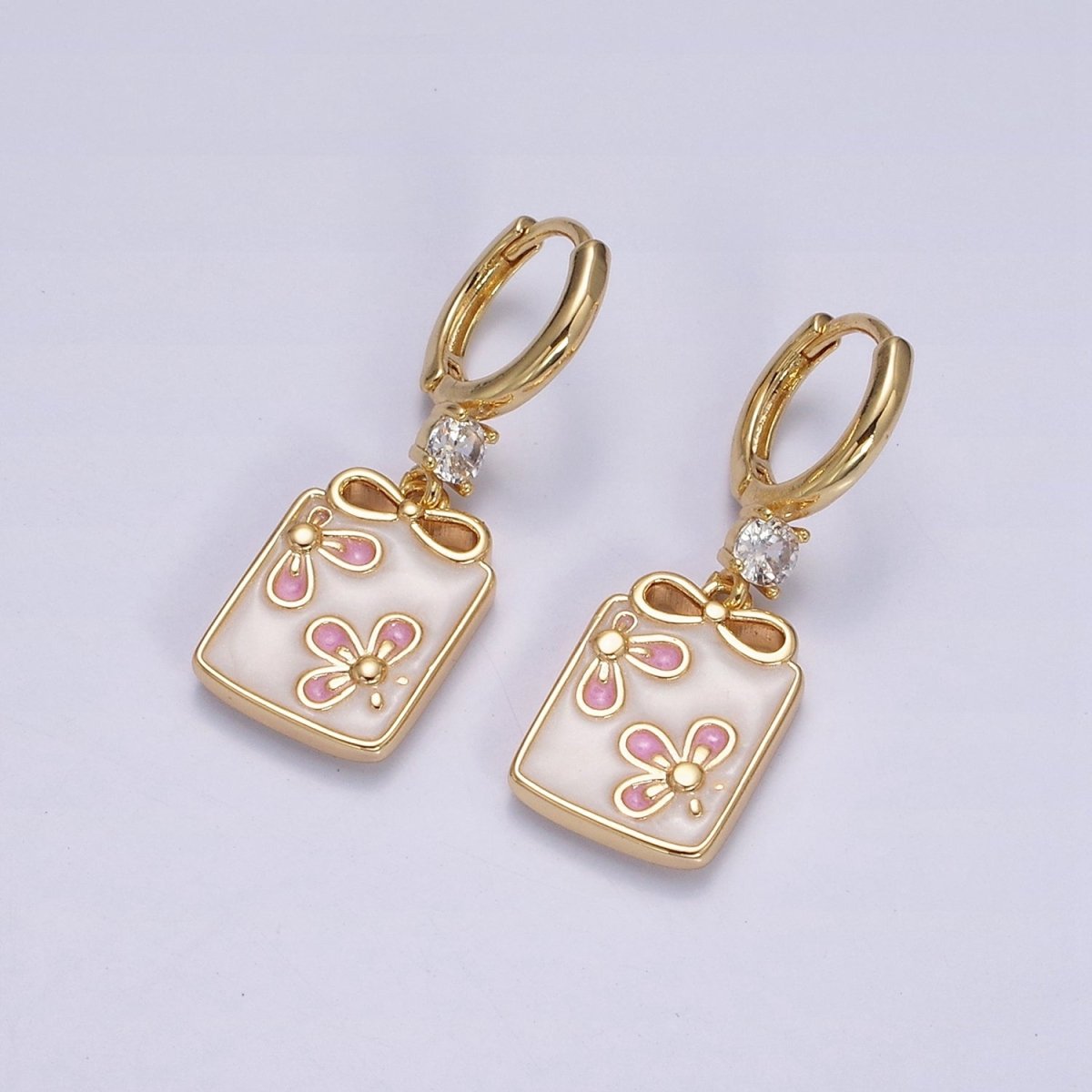 16K Gold Filled Pink, White, Blue Sparkly Enamel Ribbon Bow Rectangular CZ Drop Huggie Earrings | AD-387 AD-388 AD-389