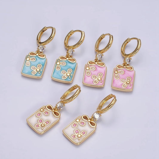 16K Gold Filled Pink, White, Blue Sparkly Enamel Ribbon Bow Rectangular CZ Drop Huggie Earrings | AD-387 AD-388 AD-389