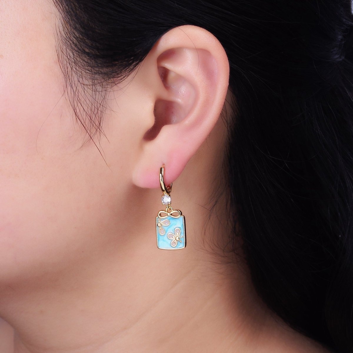 16K Gold Filled Pink, White, Blue Sparkly Enamel Ribbon Bow Rectangular CZ Drop Huggie Earrings | AD-387 AD-388 AD-389