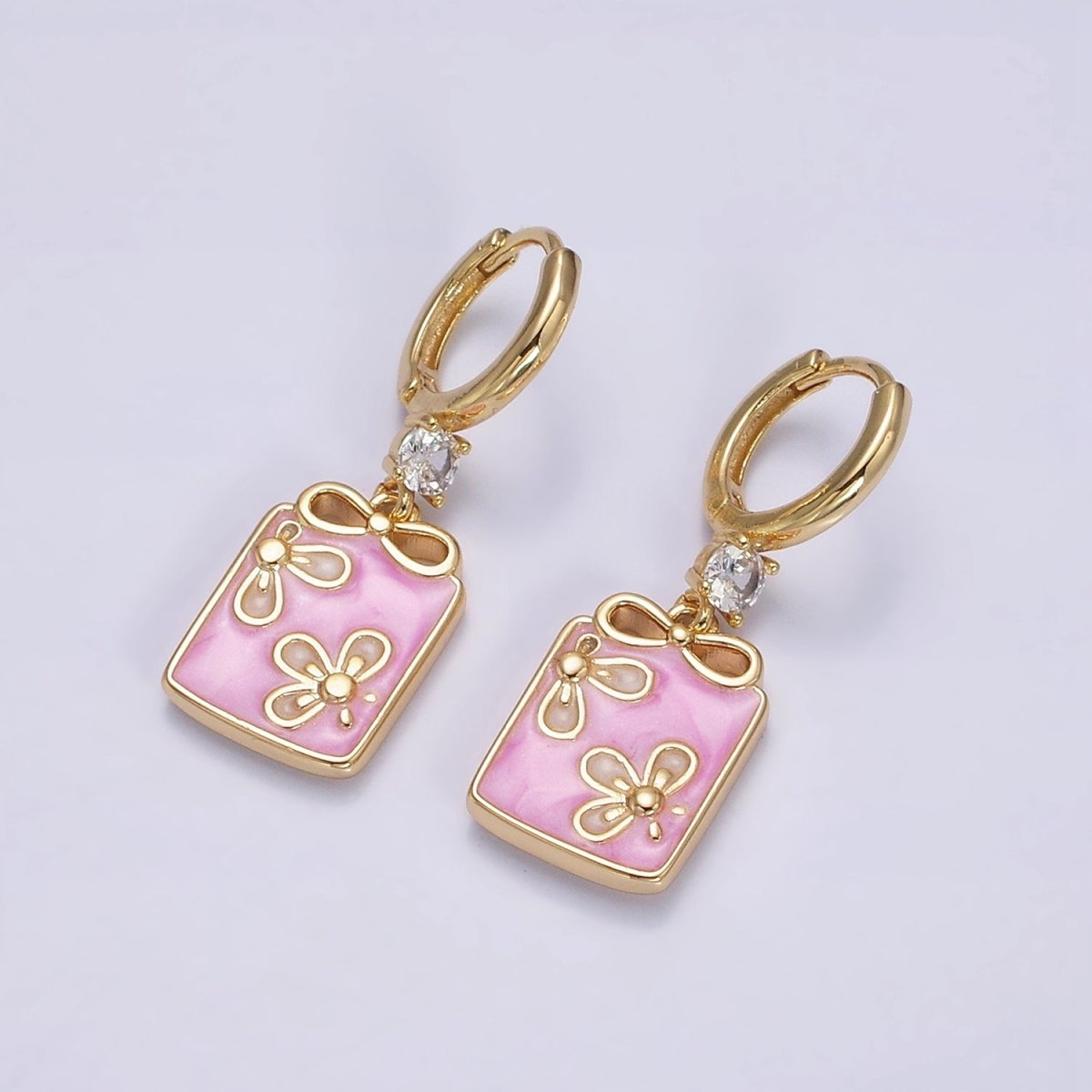 16K Gold Filled Pink, White, Blue Sparkly Enamel Ribbon Bow Rectangular CZ Drop Huggie Earrings | AD-387 AD-388 AD-389