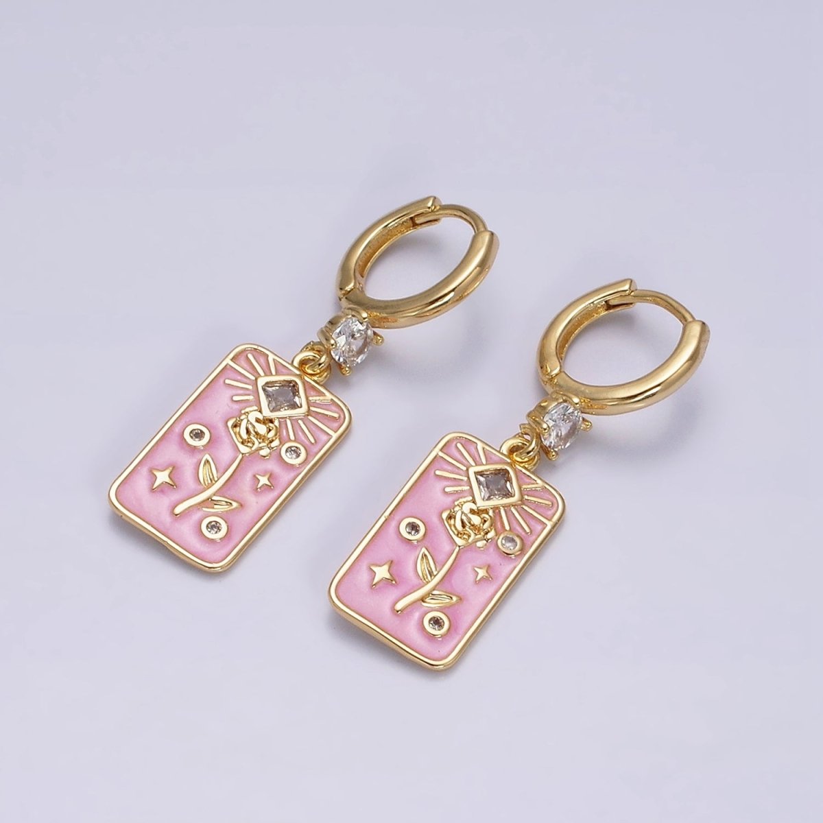 16K Gold Filled Pink, White, Blue Sparkly Enamel Rose Flower Clear Rhombus Tag CZ Drop Huggie Earrings | AD-390 AD-391 AD-392