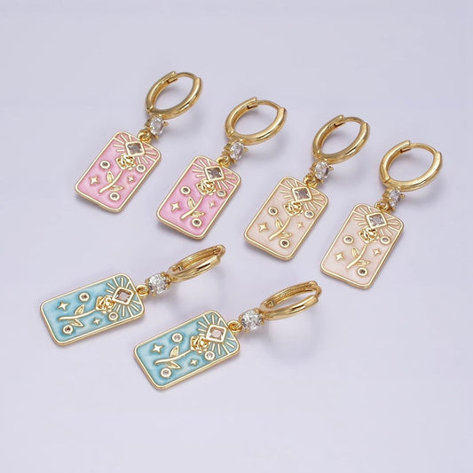16K Gold Filled Pink, White, Blue Sparkly Enamel Rose Flower Clear Rhombus Tag CZ Drop Huggie Earrings | AD-390 AD-391 AD-392