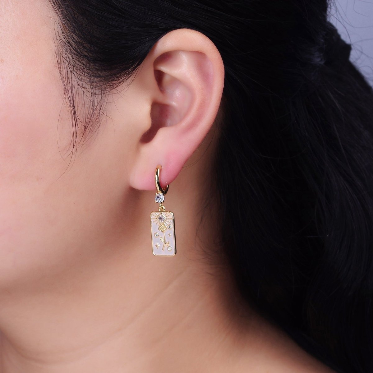 16K Gold Filled Pink, White, Blue Sparkly Enamel Rose Flower Clear Rhombus Tag CZ Drop Huggie Earrings | AD-390 AD-391 AD-392