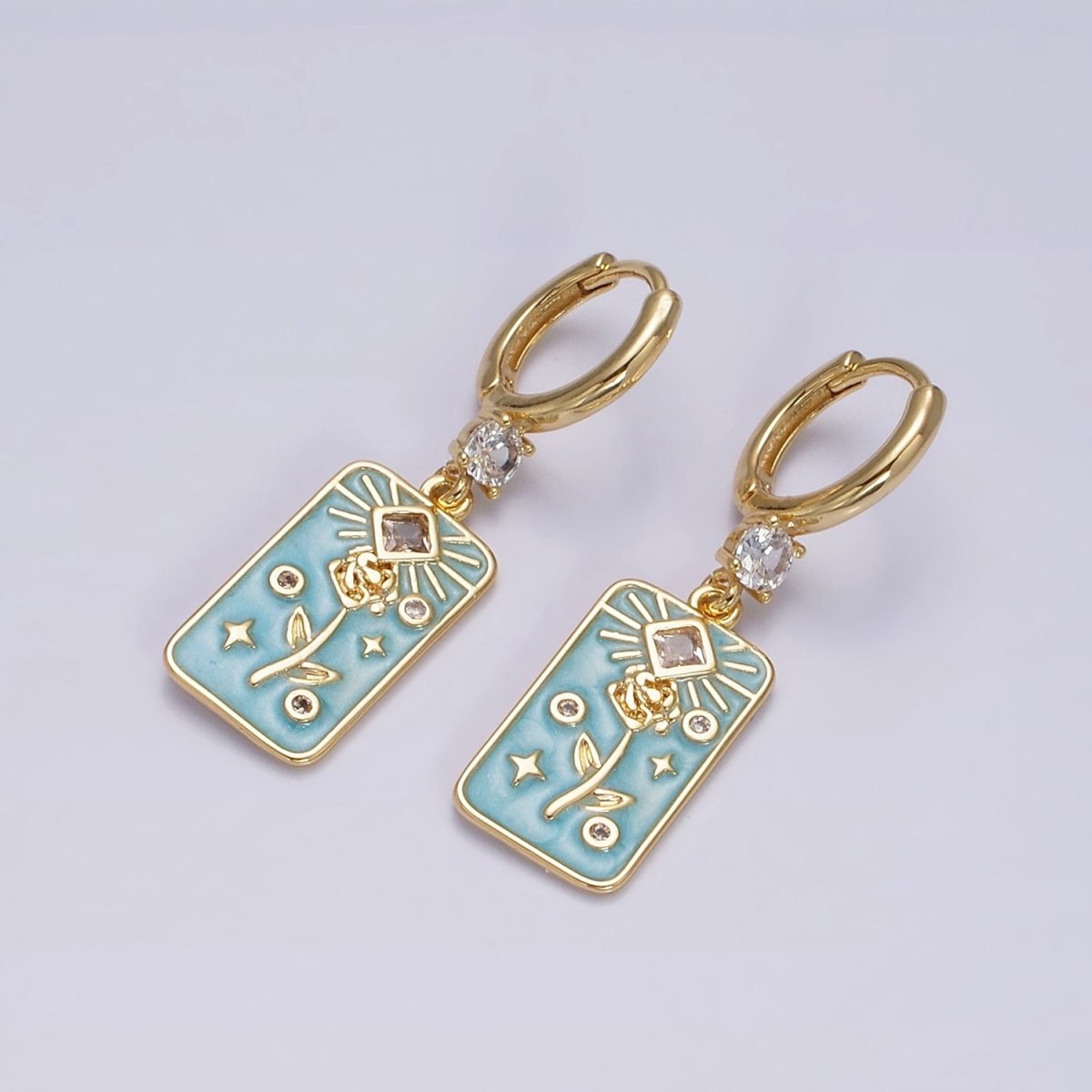 16K Gold Filled Pink, White, Blue Sparkly Enamel Rose Flower Clear Rhombus Tag CZ Drop Huggie Earrings | AD-390 AD-391 AD-392