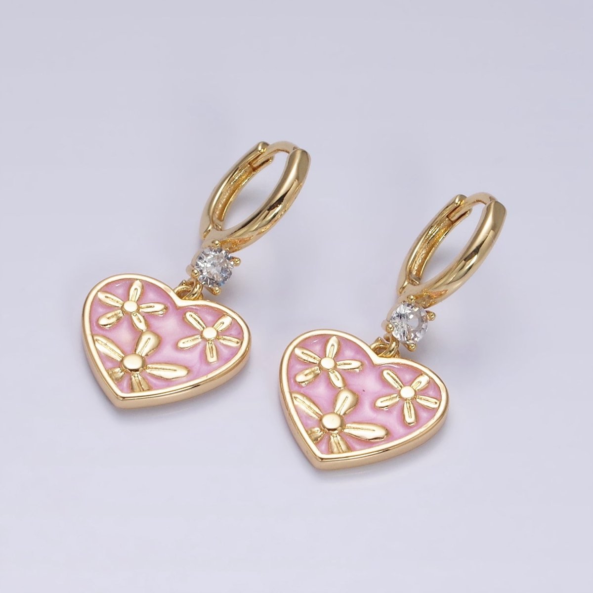 16K Gold Filled Pink, White, Blue Sparkly Enamel Triple Flower CZ Drop Huggie Earrings | AD-396 AD-397 AD-398