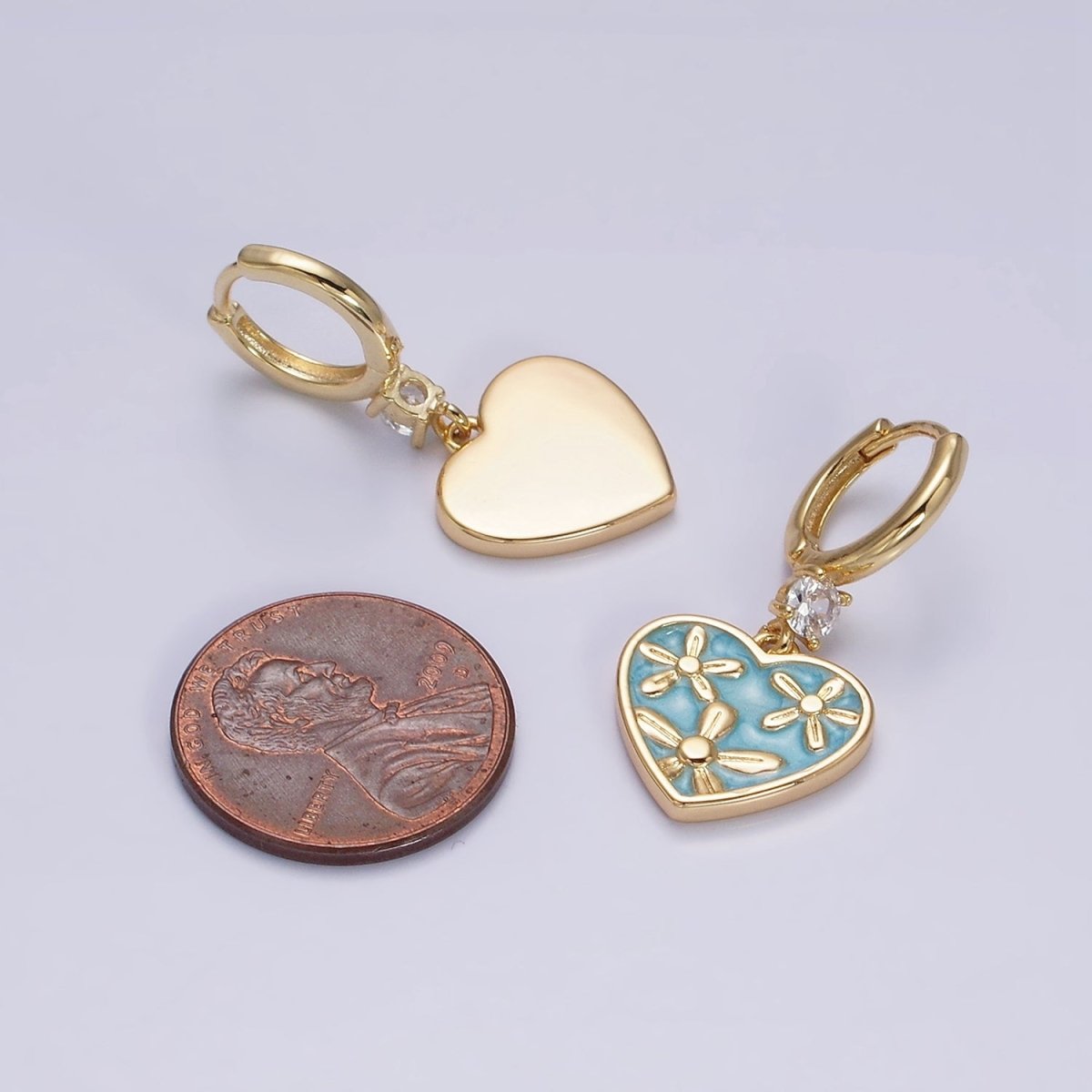 16K Gold Filled Pink, White, Blue Sparkly Enamel Triple Flower CZ Drop Huggie Earrings | AD-396 AD-397 AD-398