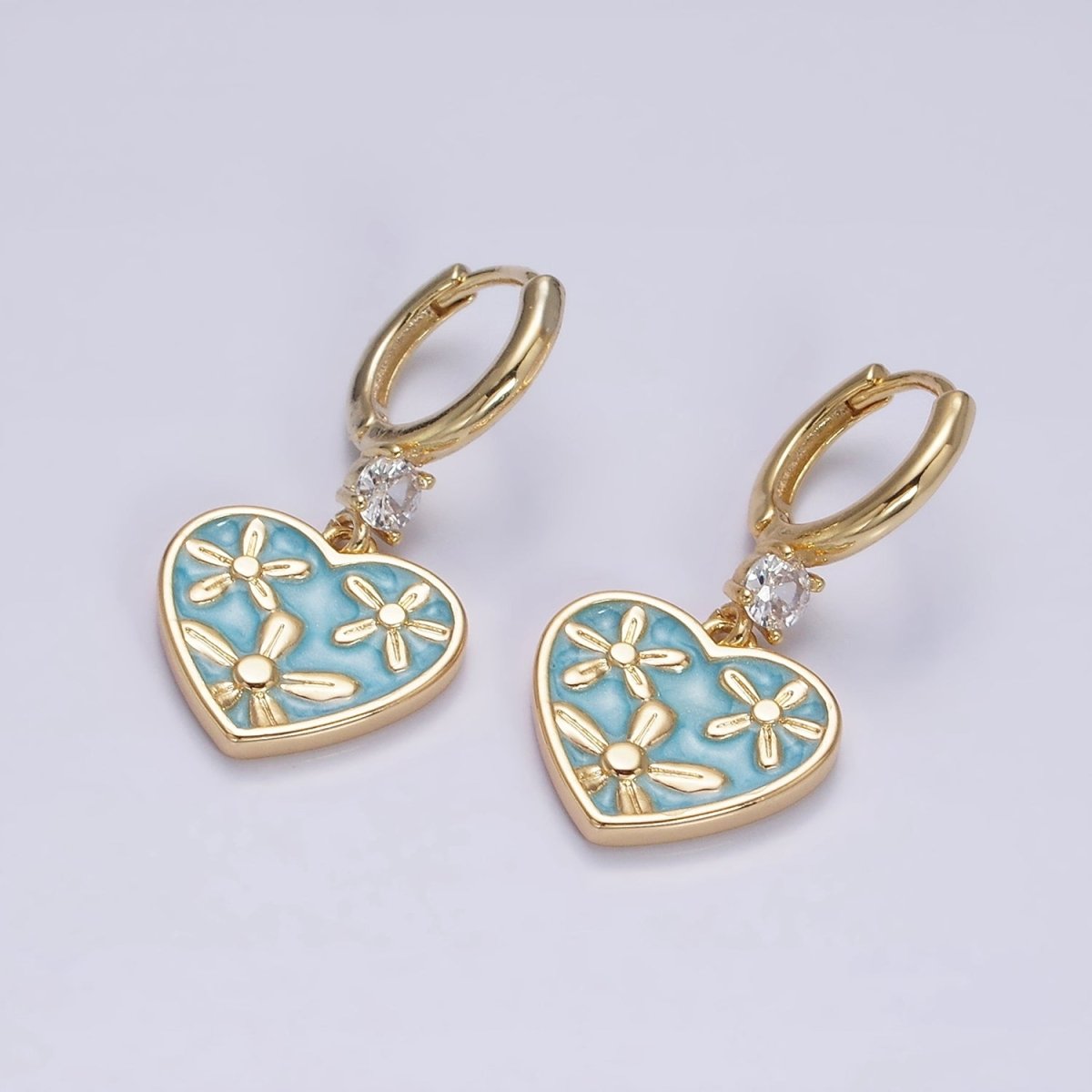 16K Gold Filled Pink, White, Blue Sparkly Enamel Triple Flower CZ Drop Huggie Earrings | AD-396 AD-397 AD-398