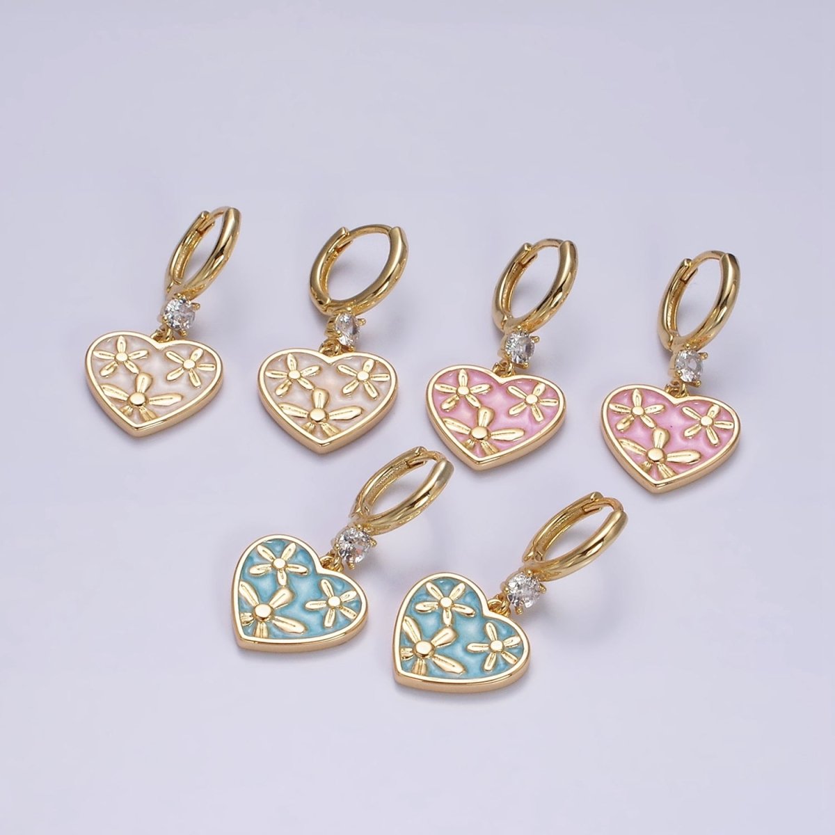16K Gold Filled Pink, White, Blue Sparkly Enamel Triple Flower CZ Drop Huggie Earrings | AD-396 AD-397 AD-398