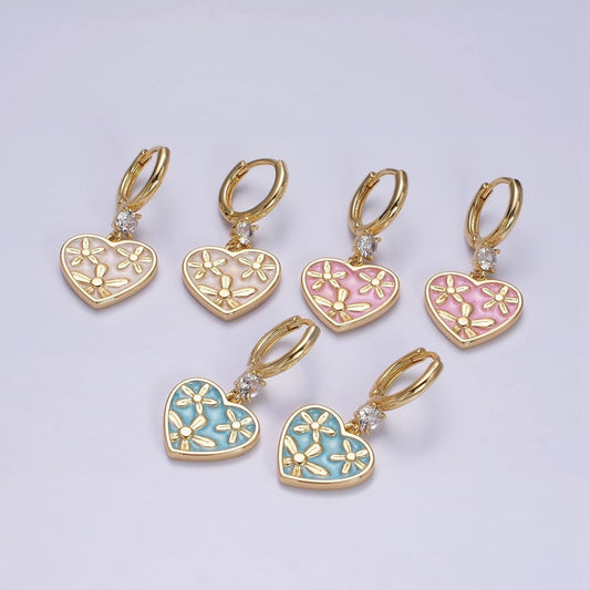 16K Gold Filled Pink, White, Blue Sparkly Enamel Triple Flower CZ Drop Huggie Earrings | AD-396 AD-397 AD-398