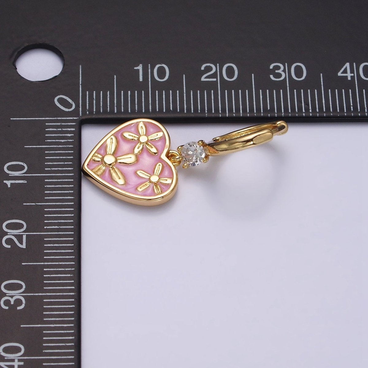 16K Gold Filled Pink, White, Blue Sparkly Enamel Triple Flower CZ Drop Huggie Earrings | AD-396 AD-397 AD-398