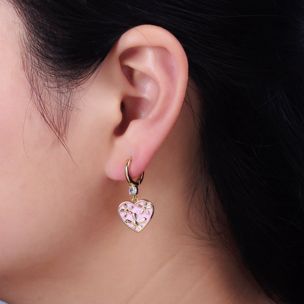 16K Gold Filled Pink, White, Blue Sparkly Enamel Triple Flower CZ Drop Huggie Earrings | AD-396 AD-397 AD-398