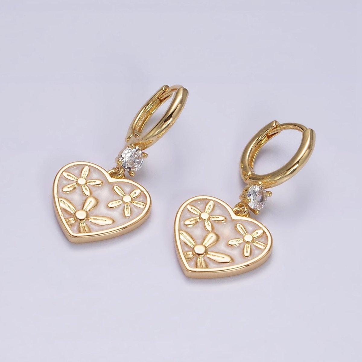 16K Gold Filled Pink, White, Blue Sparkly Enamel Triple Flower CZ Drop Huggie Earrings | AD-396 AD-397 AD-398