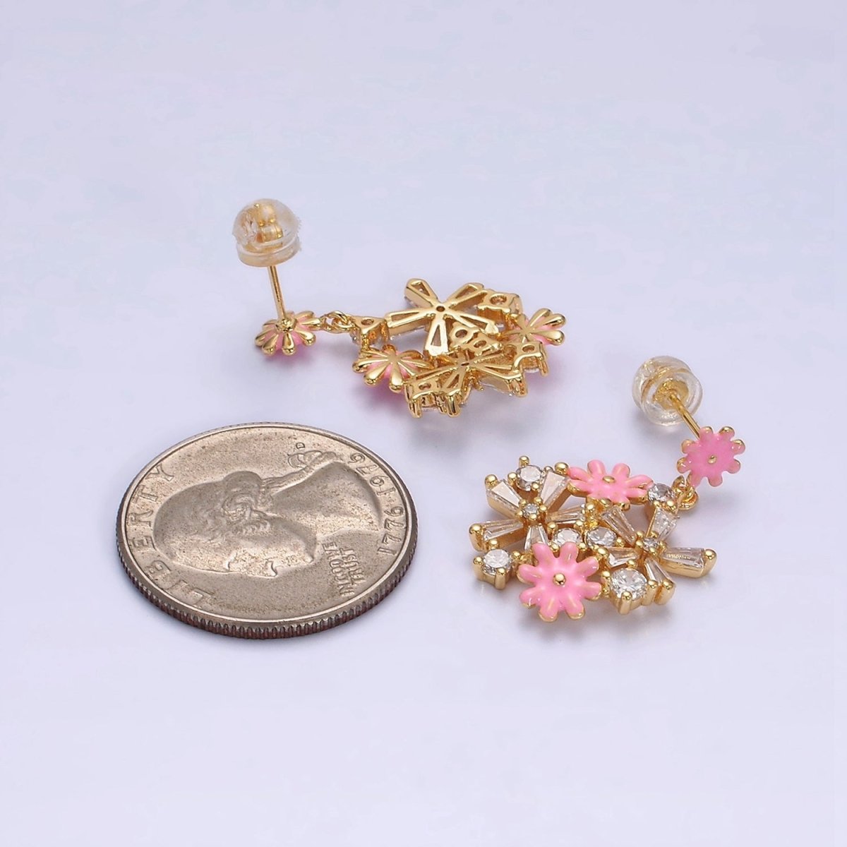 16K Gold Filled Pink, White Enamel Flower Baguette Drop Stud Earrings in Sliver