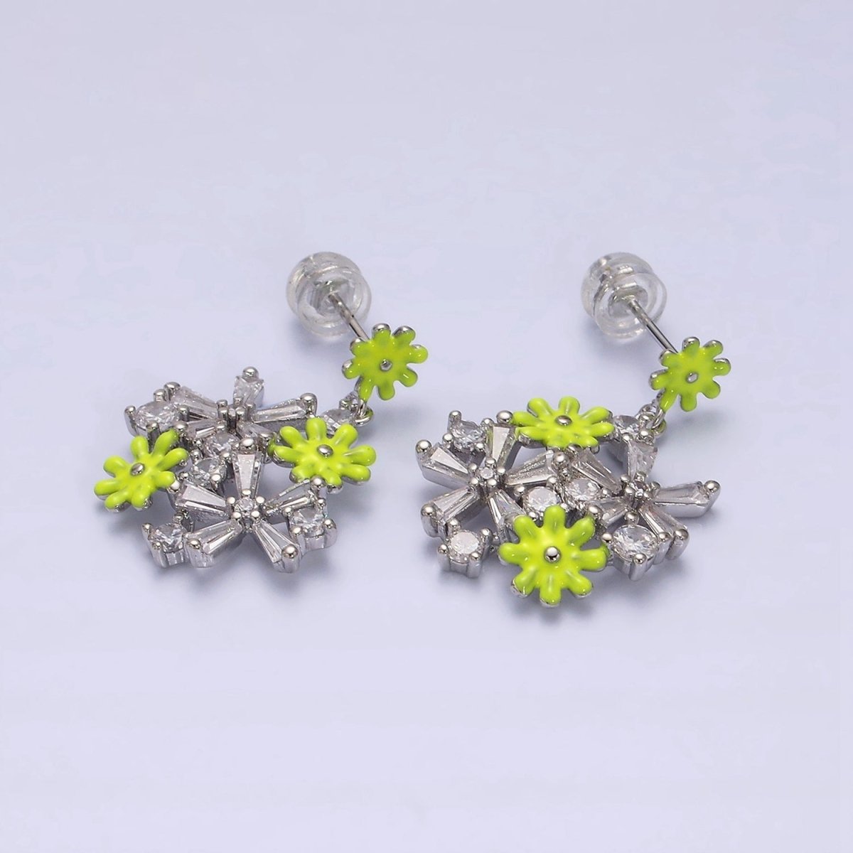 16K Gold Filled Pink, White Enamel Flower Baguette Drop Stud Earrings in Sliver