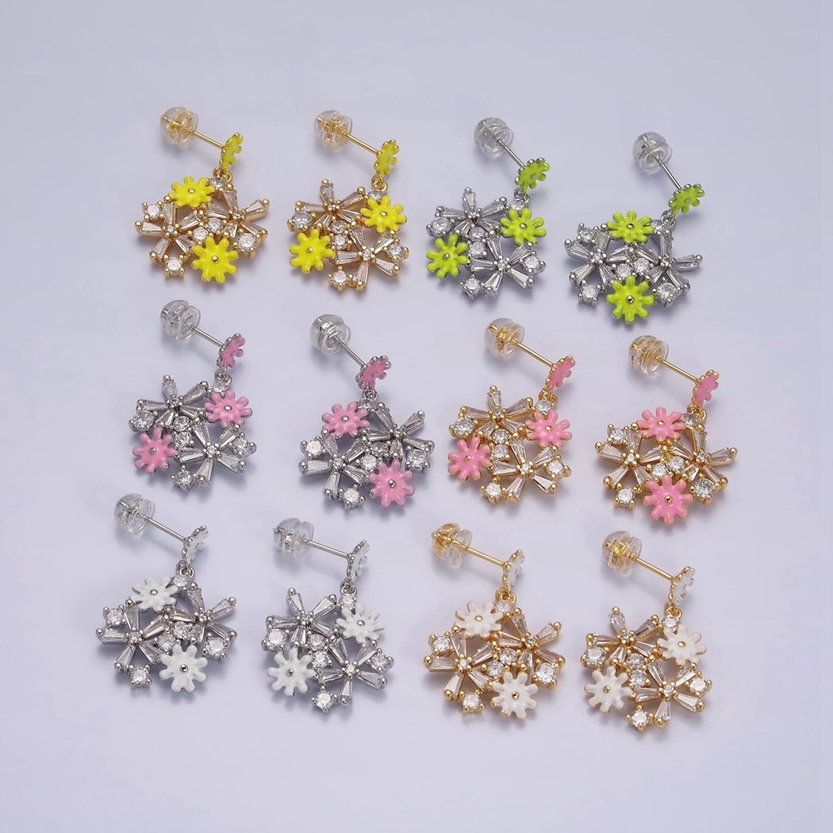 16K Gold Filled Pink, White Enamel Flower Baguette Drop Stud Earrings in Sliver