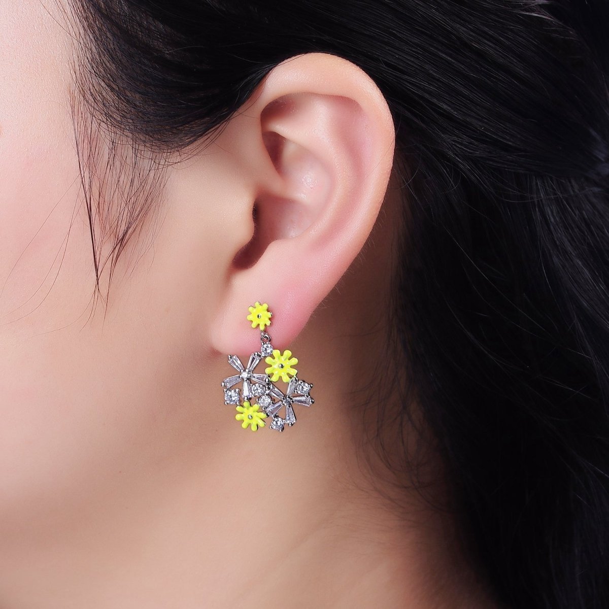16K Gold Filled Pink, White Enamel Flower Baguette Drop Stud Earrings in Sliver