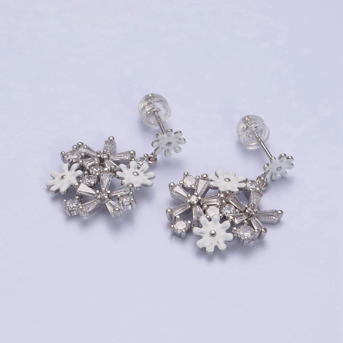 16K Gold Filled Pink, White Enamel Flower Baguette Drop Stud Earrings in Sliver