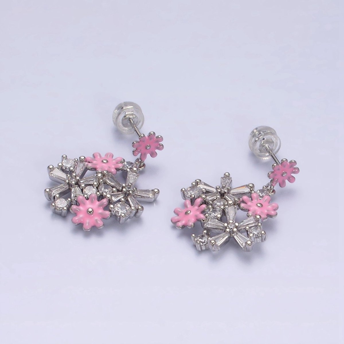 16K Gold Filled Pink, White Enamel Flower Baguette Drop Stud Earrings in Sliver