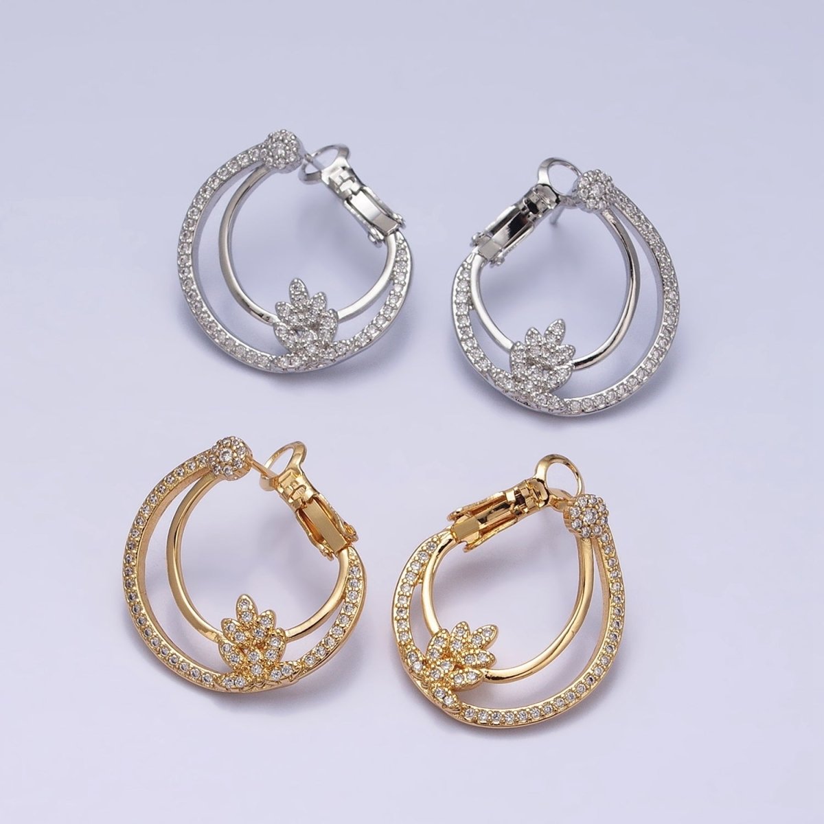 16K Gold Filled Plant Double Bar Micro Paved CZ Front-Facing Hinge Hoop Earrings in Gold & Silver | AD901 AD902