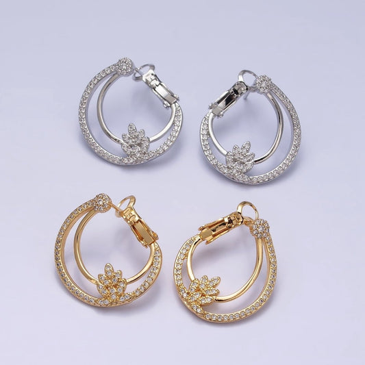 16K Gold Filled Plant Double Bar Micro Paved CZ Front-Facing Hinge Hoop Earrings in Gold & Silver | AD901 AD902