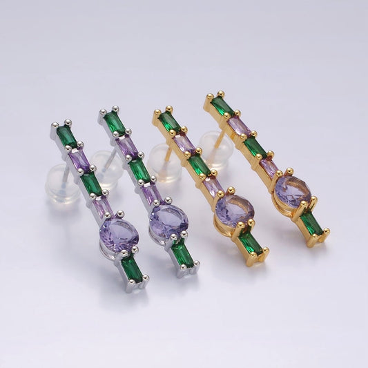16K Gold Filled Purple Multicolor Baguette Round CZ Linear Drop Stud Earrings in Gold & Silver | AE151 AE152