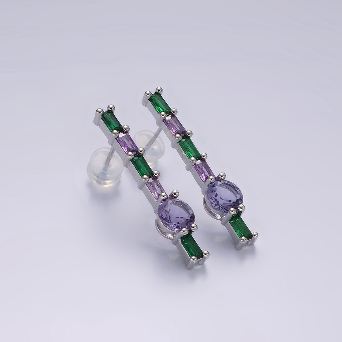 16K Gold Filled Purple Multicolor Baguette Round CZ Linear Drop Stud Earrings in Gold & Silver | AE151 AE152