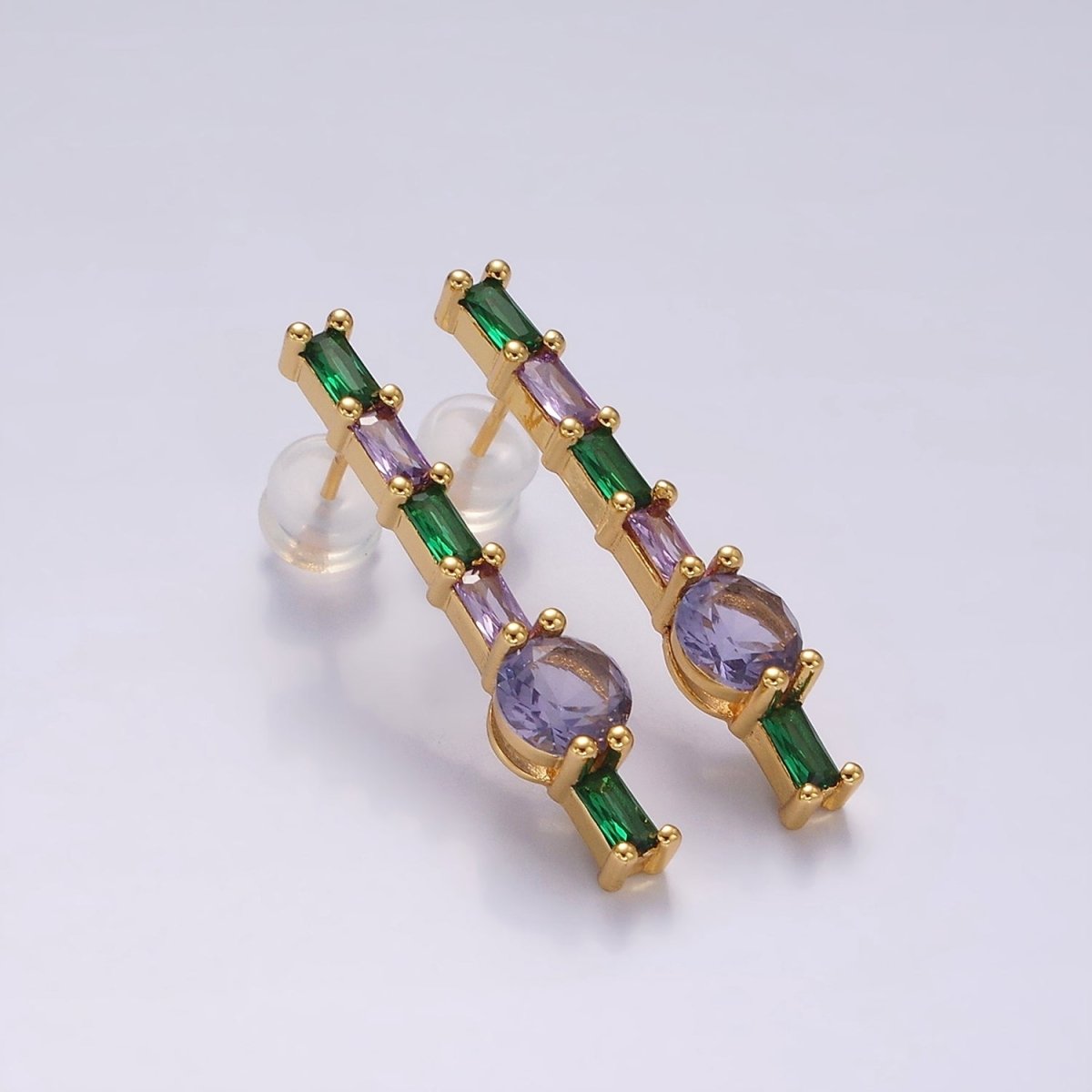 16K Gold Filled Purple Multicolor Baguette Round CZ Linear Drop Stud Earrings in Gold & Silver | AE151 AE152