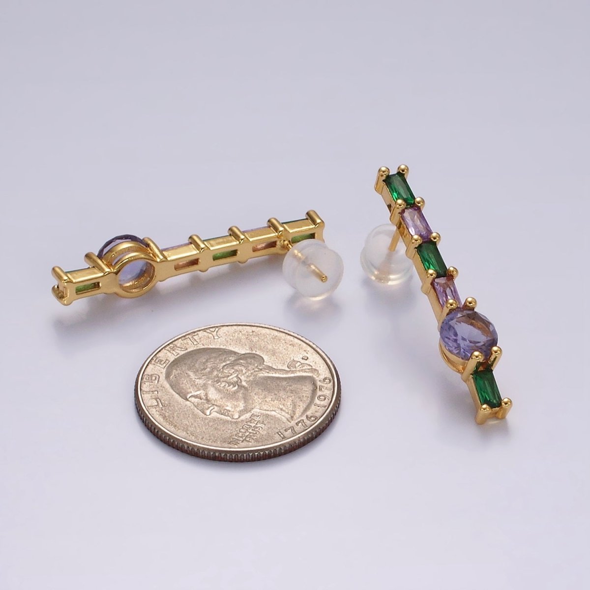 16K Gold Filled Purple Multicolor Baguette Round CZ Linear Drop Stud Earrings in Gold & Silver | AE151 AE152