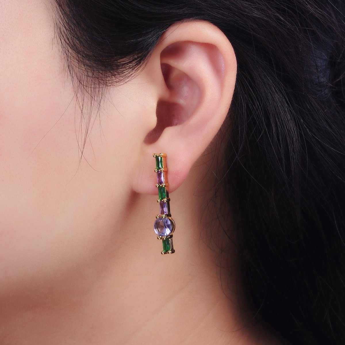 16K Gold Filled Purple Multicolor Baguette Round CZ Linear Drop Stud Earrings in Gold & Silver | AE151 AE152