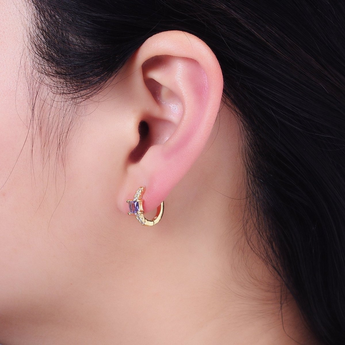 16K Gold Filled Purple Square Micro Paved CZ 12.8mm Cartilage Huggie Earrings in Gold & Silver | AB968 AB969