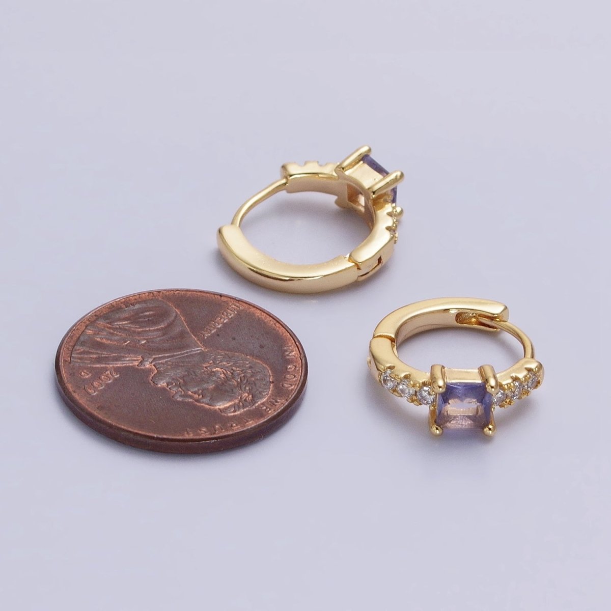 16K Gold Filled Purple Square Micro Paved CZ 12.8mm Cartilage Huggie Earrings in Gold & Silver | AB968 AB969