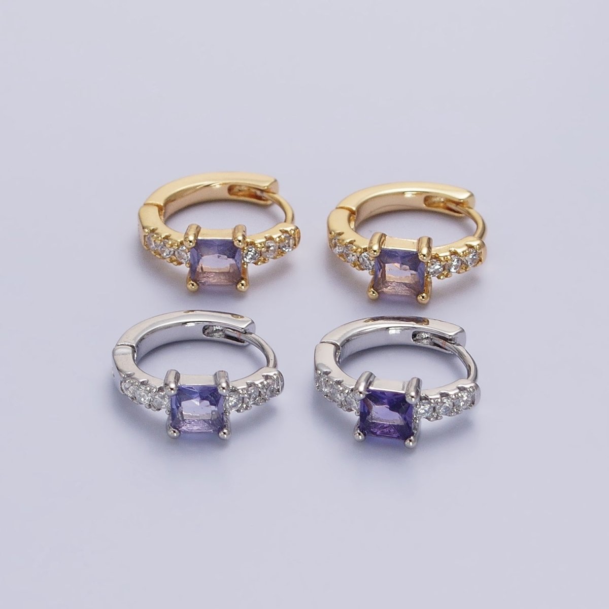 16K Gold Filled Purple Square Micro Paved CZ 12.8mm Cartilage Huggie Earrings in Gold & Silver | AB968 AB969