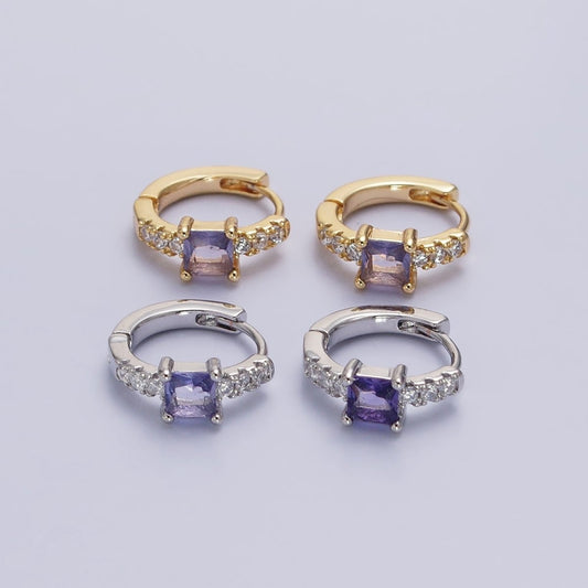 16K Gold Filled Purple Square Micro Paved CZ 12.8mm Cartilage Huggie Earrings in Gold & Silver | AB968 AB969
