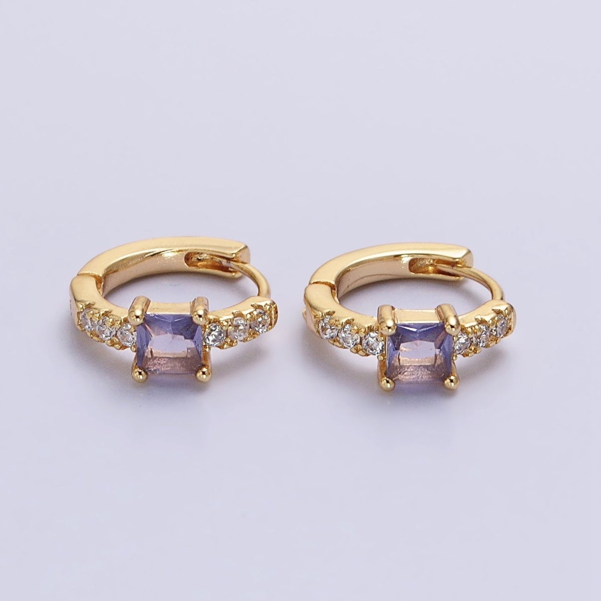 16K Gold Filled Purple Square Micro Paved CZ 12.8mm Cartilage Huggie Earrings in Gold & Silver | AB968 AB969