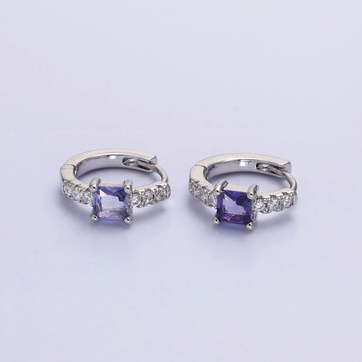 16K Gold Filled Purple Square Micro Paved CZ 12.8mm Cartilage Huggie Earrings in Gold & Silver | AB968 AB969