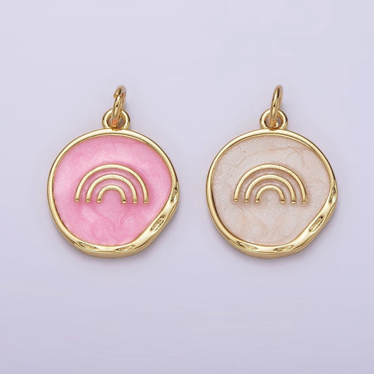 16K Gold Filled Rainbow Doodle Broken White, Pink Sparkly Enamel Stamped Dented Round Charm | AG156 AG157
