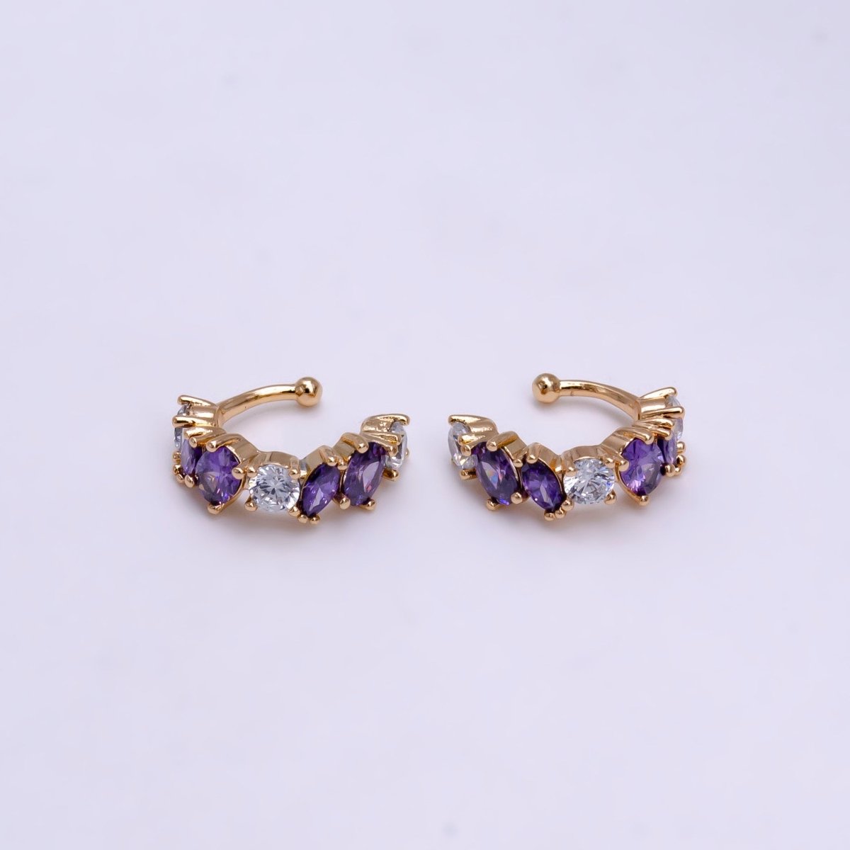 16K Gold Filled Red, Black, Green, Blue, Purple, Pink, Multicolor CZ Lined Ear Cuff Earrings | AI068 - AI074