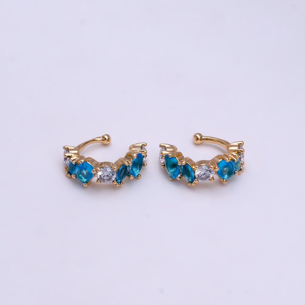 16K Gold Filled Red, Black, Green, Blue, Purple, Pink, Multicolor CZ Lined Ear Cuff Earrings | AI068 - AI074