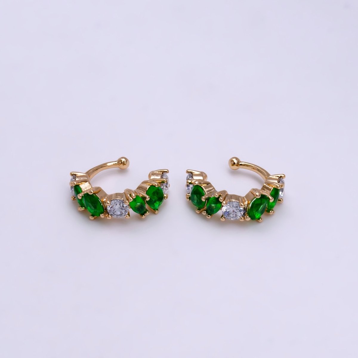 16K Gold Filled Red, Black, Green, Blue, Purple, Pink, Multicolor CZ Lined Ear Cuff Earrings | AI068 - AI074
