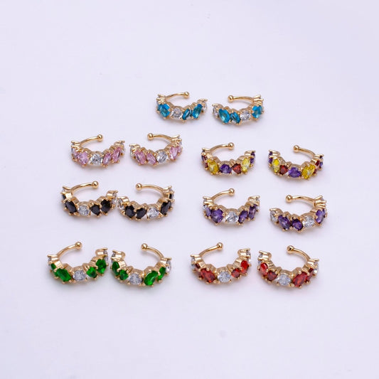 16K Gold Filled Red, Black, Green, Blue, Purple, Pink, Multicolor CZ Lined Ear Cuff Earrings | AI068 - AI074