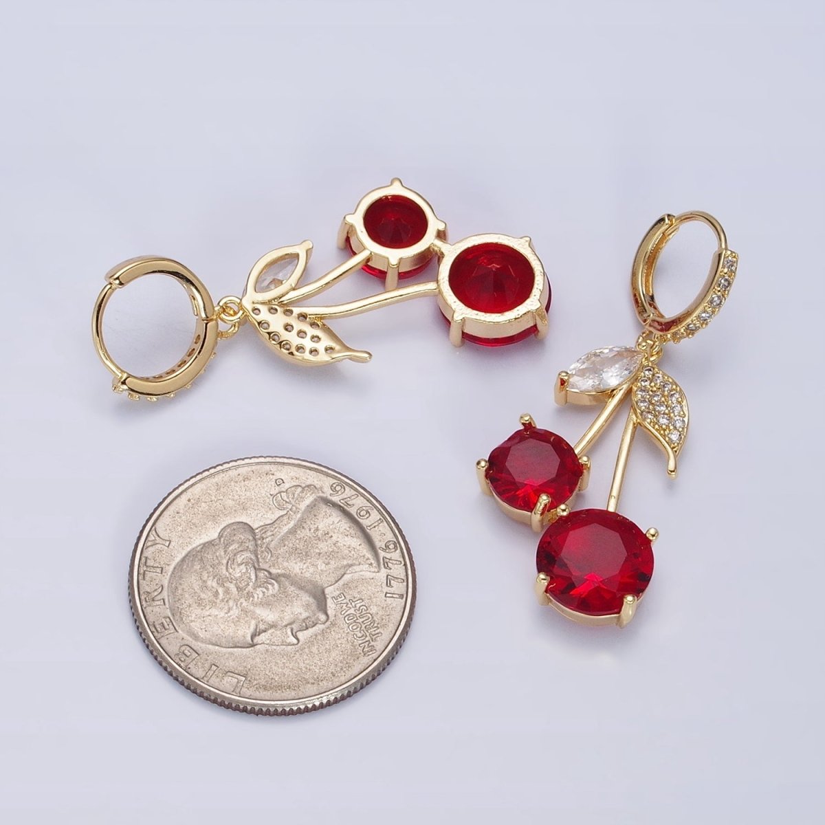 16K Gold Filled Red Cherry Fruit Drop Micro Paved Huggie in Gold & Silver | AD933 AD934