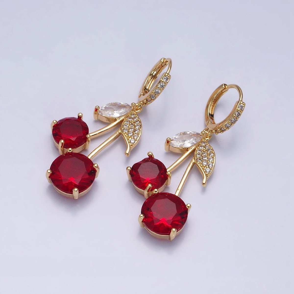 16K Gold Filled Red Cherry Fruit Drop Micro Paved Huggie in Gold & Silver | AD933 AD934