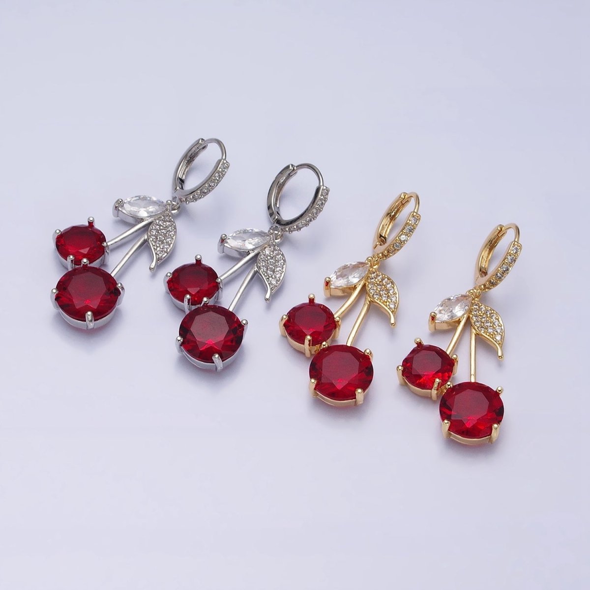 16K Gold Filled Red Cherry Fruit Drop Micro Paved Huggie in Gold & Silver | AD933 AD934