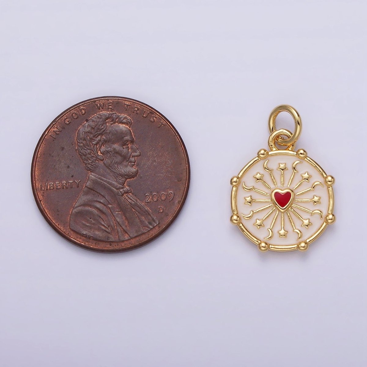 16K Gold Filled Red Heart Celestial Crescent Moon Star Ray Dotted Outline Round Charm | AG159