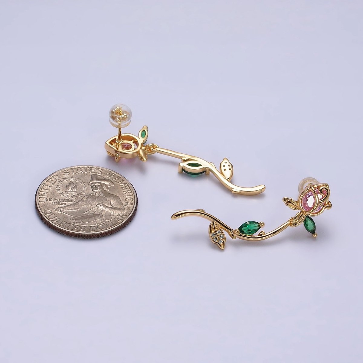 16K Gold Filled Red, Pink Rose Flower Green Marquise CZ Gold Stud Earrings | AE825 AE826