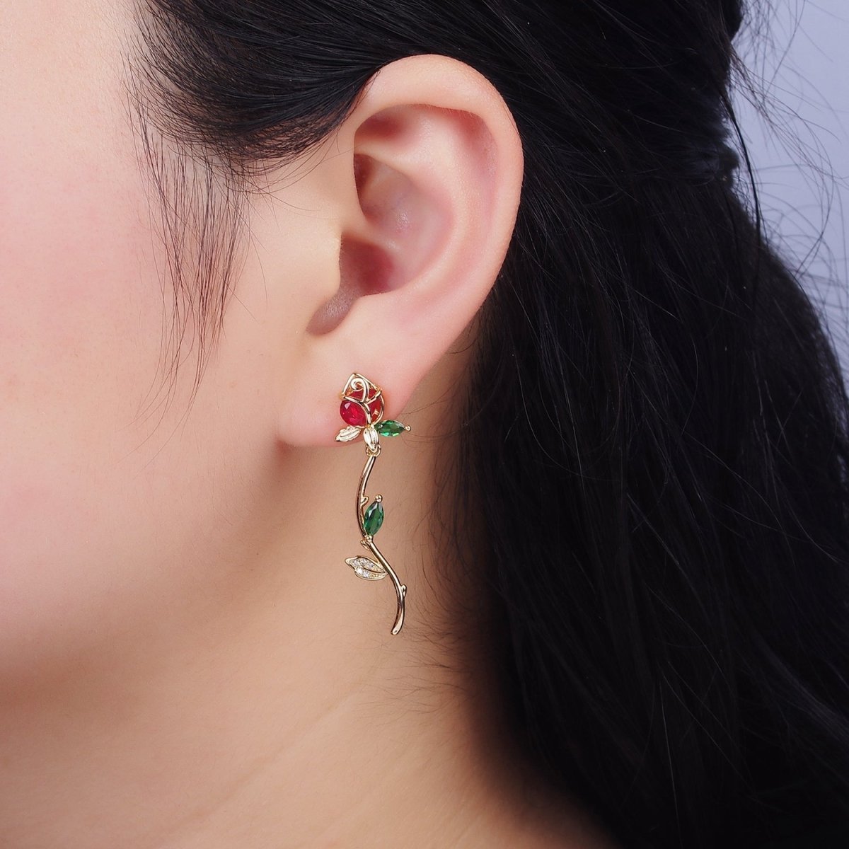 16K Gold Filled Red, Pink Rose Flower Green Marquise CZ Gold Stud Earrings | AE825 AE826