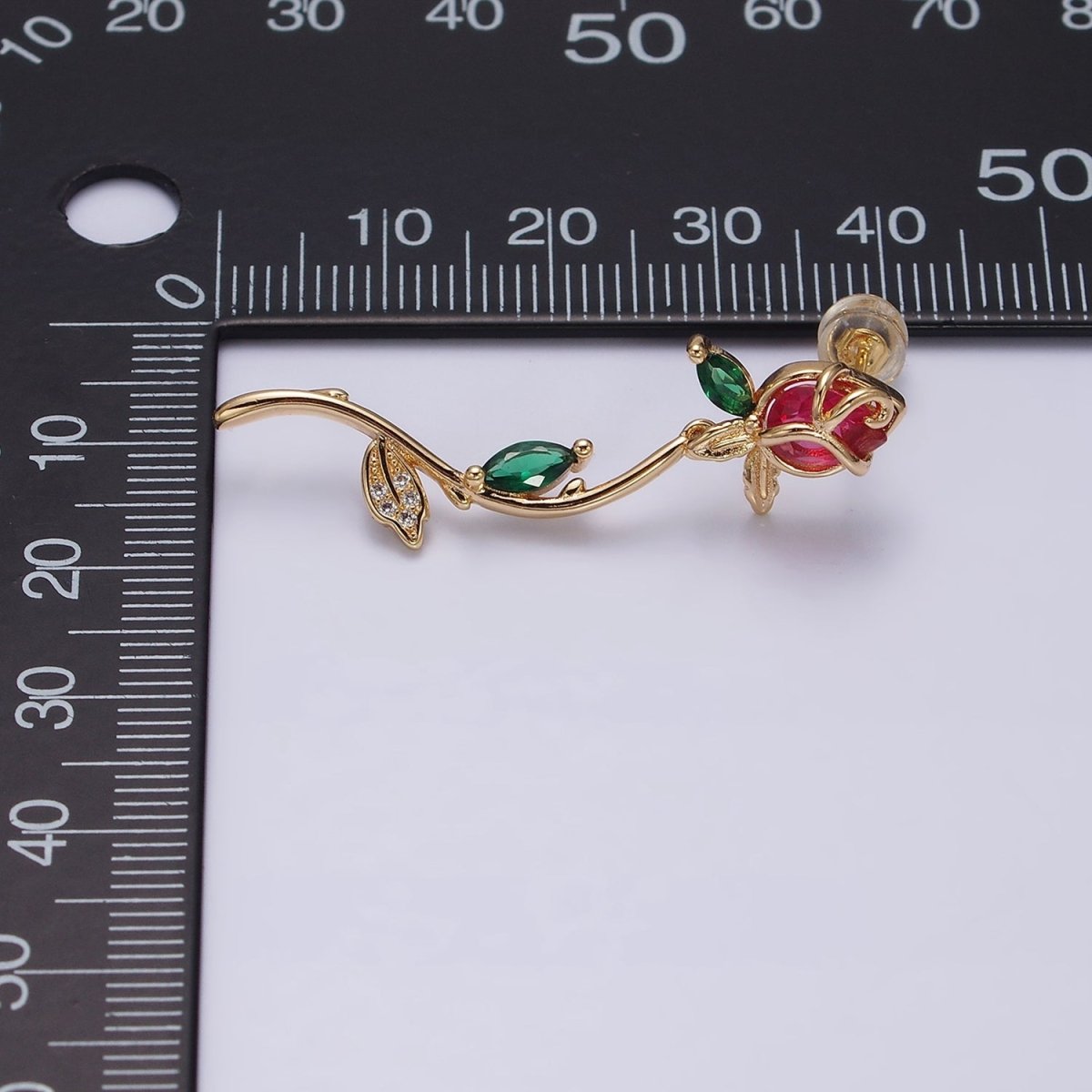16K Gold Filled Red, Pink Rose Flower Green Marquise CZ Gold Stud Earrings | AE825 AE826