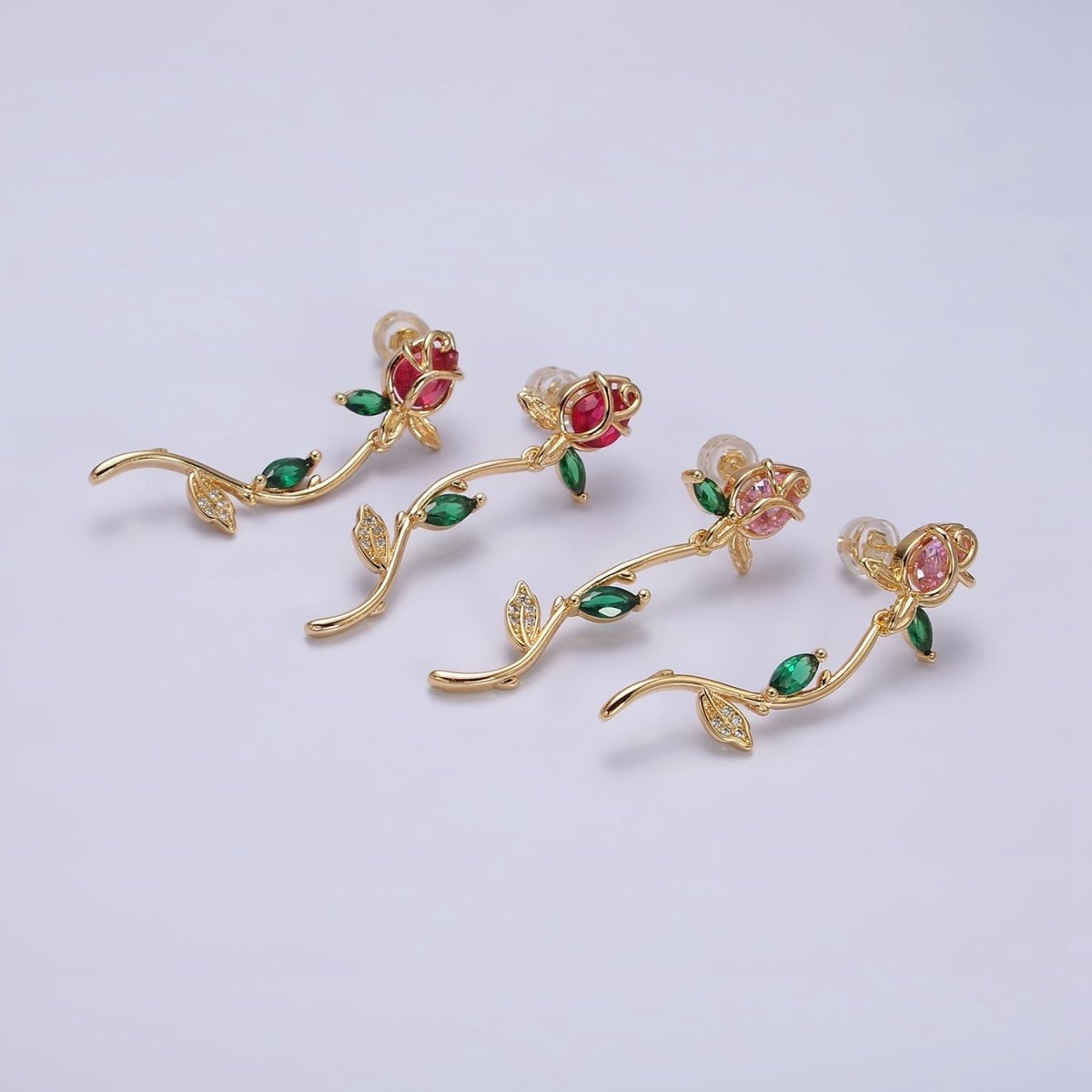 16K Gold Filled Red, Pink Rose Flower Green Marquise CZ Gold Stud Earrings | AE825 AE826