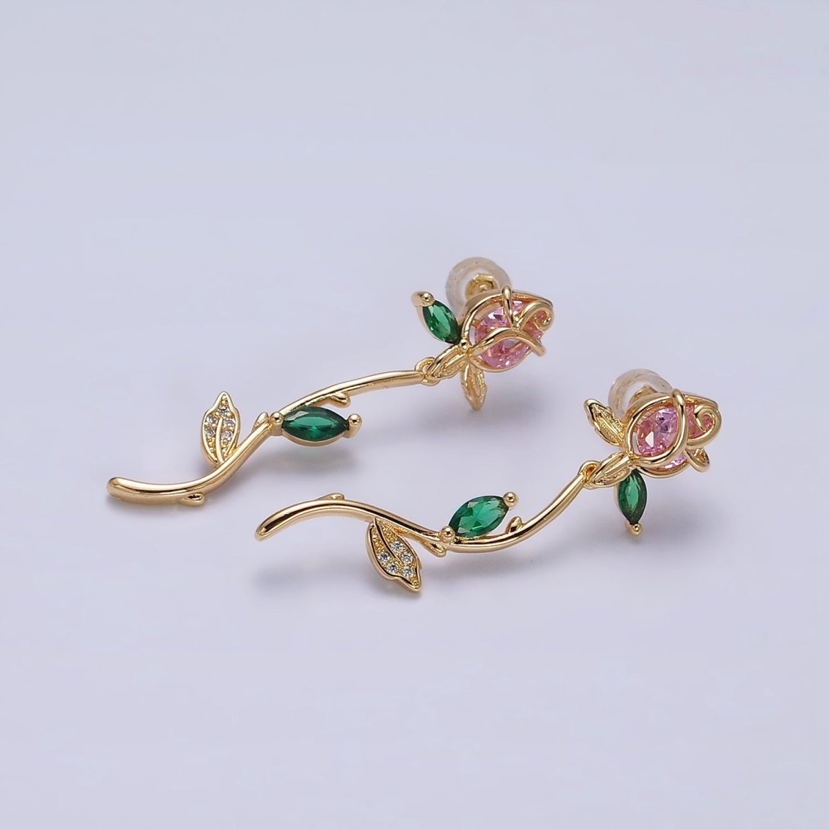 16K Gold Filled Red, Pink Rose Flower Green Marquise CZ Gold Stud Earrings | AE825 AE826