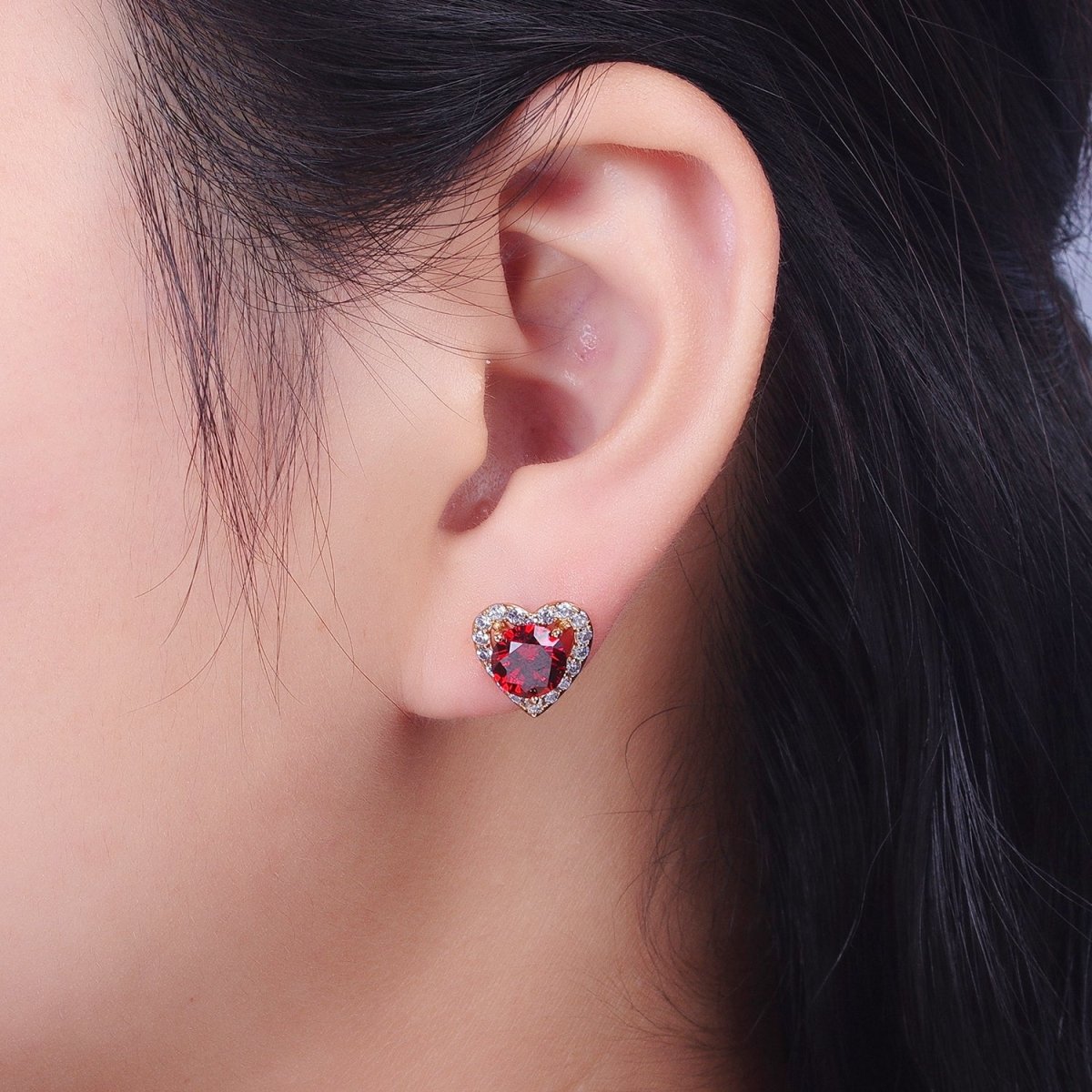 16K Gold Filled Red, Purple Heart CZ Micro Paved Open Stud Earrings | V015